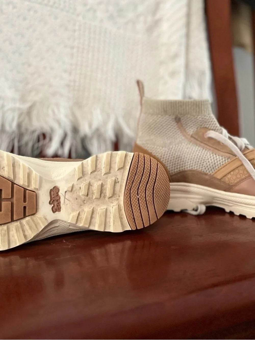 Coach Knit High-Top Sneakers in Beige, Tan and Cream